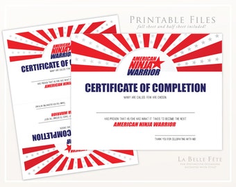 AMERICAN NINJA WARRIOR Certificate of Completion diy printable party favor