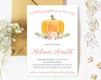 Baby Shower Invitation Girl, Pumpkin Baby Shower Invitation, Baby Shower Invite, Girl, Fall, Gender Neutral, Little Pumpkin, Floral, Waterco