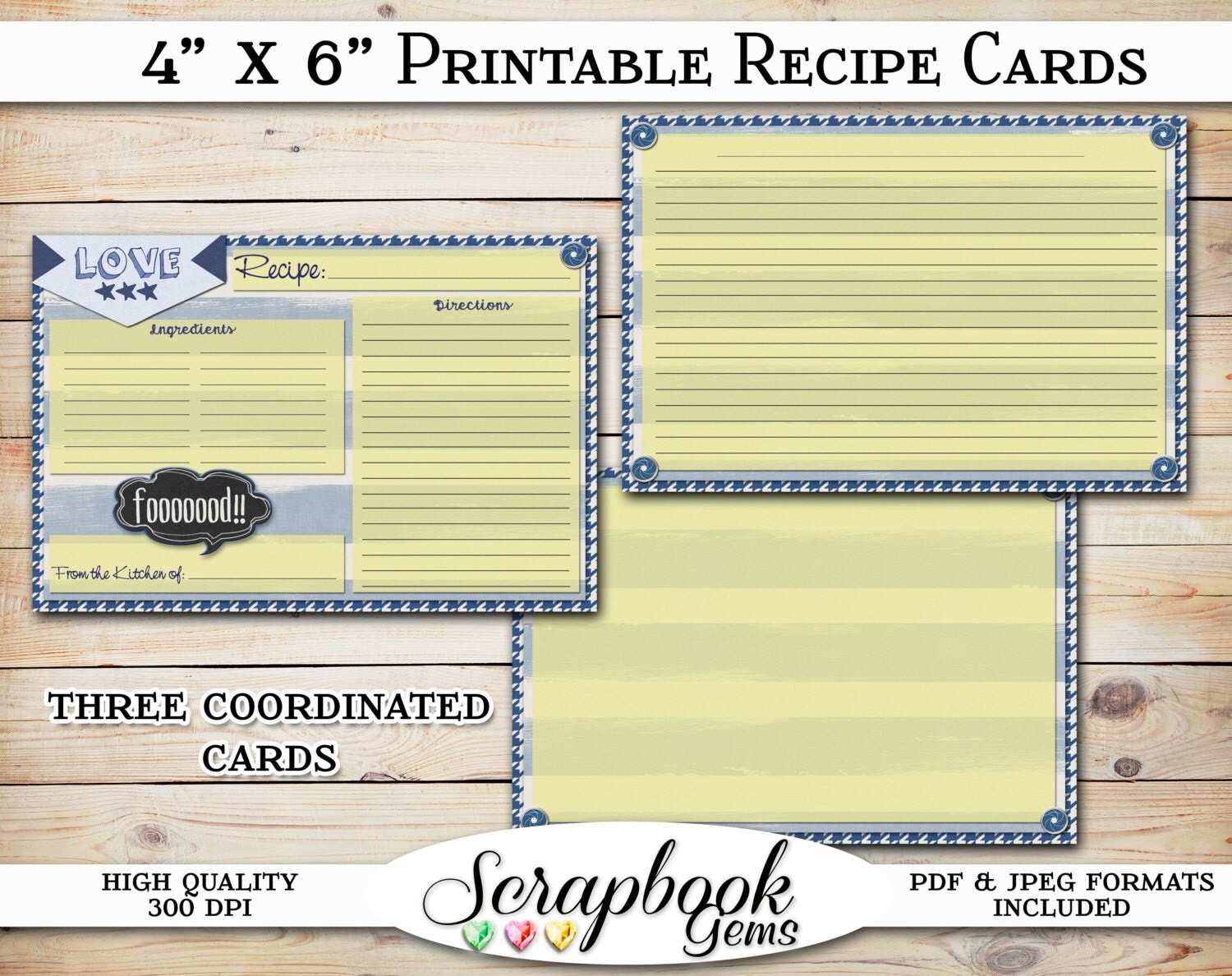 Three 4 x 6 Coordinated Recipe Cards Printable
