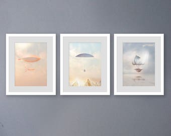 vintage hot air balloon print, nursery print set, SET OF 3 PRINTS, hot air balloon art print, neutral baby art print, vertical print set