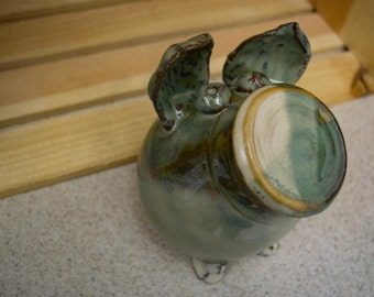 Pottery Piggy Bank Green and Cream Tones