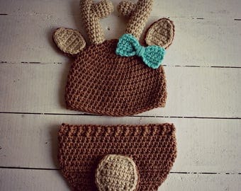 Crochet Deer Hat and Diaper Cover, Baby Girl Deer Hat, Deer Hat, Crochet Baby Hat, Crochet Deer Hat, Crochet Deer Photo Prop, Baby Girl Hat
