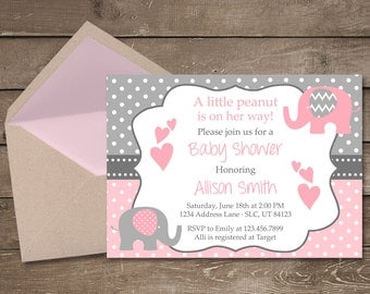 Elephant Baby Shower Invitation, It's a Girl, Elephant, Chevron, Pink, Little Peanut, Baby Shower Invitation, Girl Baby Shower