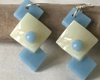 Beautiful pale blue and cream fused glass earrings