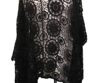 STUNNING lace crochet black cotton poncho - one size regular UK 10-16 NEW