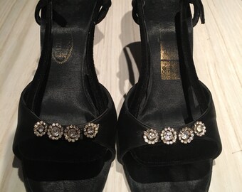 40s vintage satin and velvet evening sandal with rhinestone detail L. Miller