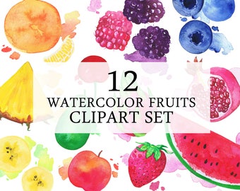 Watercolor Fruits Clipart Set | Printable Cliparts | Colorful Fruits Set