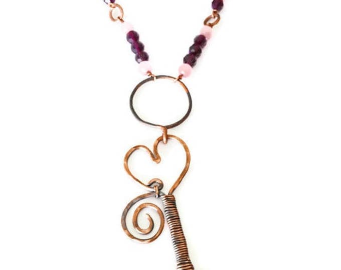 Key to My Heart Copper Pendant, Pink and Red Beaded Necklace, Copper Beaded Necklace, Valentine's Day Gift