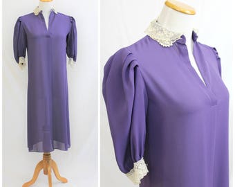 Vintage 70's Purple Sheer with Lace Poof Sleeve Feminine Victorian Flowy Dress JODY T of California