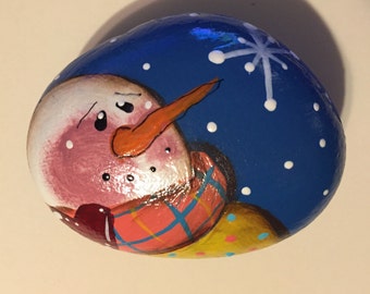 Snowman painted stone/painted rock/Christmas scene