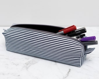 Navy Blue and White Striped Pencil Case