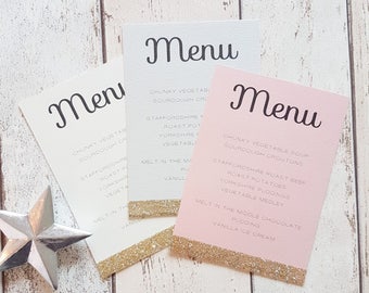 Gold Glitter Wedding Menu Cards. Recycled Soft Pink, Pale Grey and Cream / Ivory. Handmade with Glitter Dipped Edge Detail. Pack of 10.