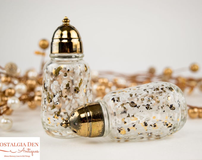 Vintage Salt & Pepper Shakers | MCM Hazel Atlas Glass Gold / White Splatter Print