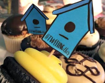 Tweeting This bird house cupcake topper. Funny, cute, illustrated printable calligraphy for last minute party