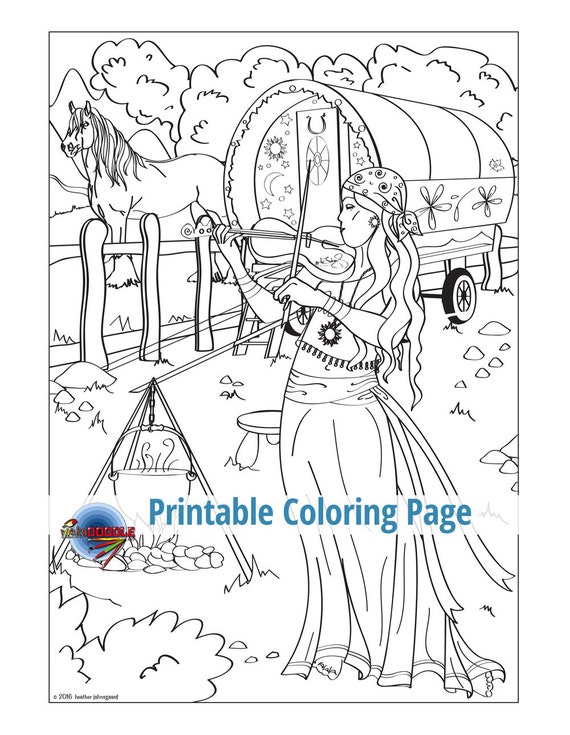 Gypsy Song Adult Coloring Page Vintage Wagon Horse