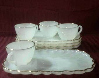 Fire-King milk glass snack trays with cups. Anchor hocking. Gold trim. Set of 4. 2 sets available.