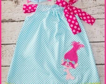 New Sweet Poppy Troll Pilowcase dress Aqua polka dot and Hot pink