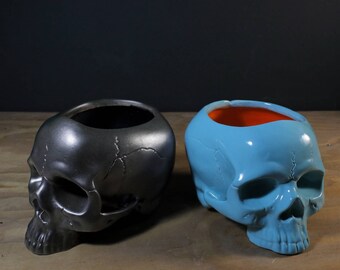 Ceramic Skull Planter - Skull Pot - Dark Metallic - Turquoise