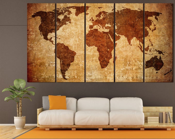 Large antiuque map wall print art canvas set, old world map wall decor canvas print, vintage map of the world home decor poster canvas art