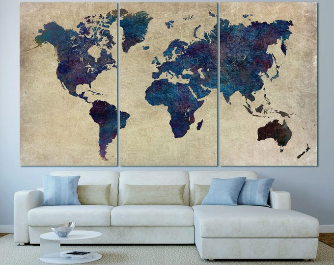 Large abstract blue watercolor world map canvas print set home and office decor, modern art world map wall art on canvas, world map abstract