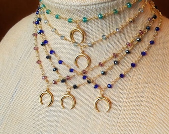 Sale! Rosary cresent moon choker- rosary chain necklace, beaded chain choker, beaded choker, horn charm choker, moon charm choker