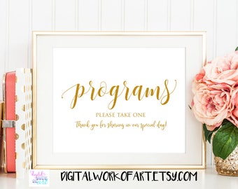 Programs sign, Programs Printable, Wedding Programs Sign, Please take one sign, Wedding Printable Table Sign, instant download, gold, #SG
