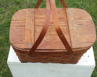 Vintage Woven Wood Picnic Basket, WOV-N-WOOD By Jerywil Wood Basket, Craft Basket, Storage Basket, Farmhouse, Rustic, Country Decor