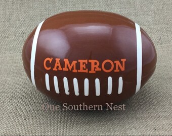 Personalized football sports Piggy Bank. The perfect gift for any age football fan! Fill with coins or bills for a creative cash gift.