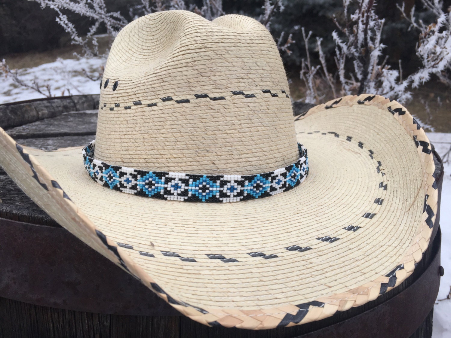 Black w Blue Western Beaded Cowboy Hat band Native American