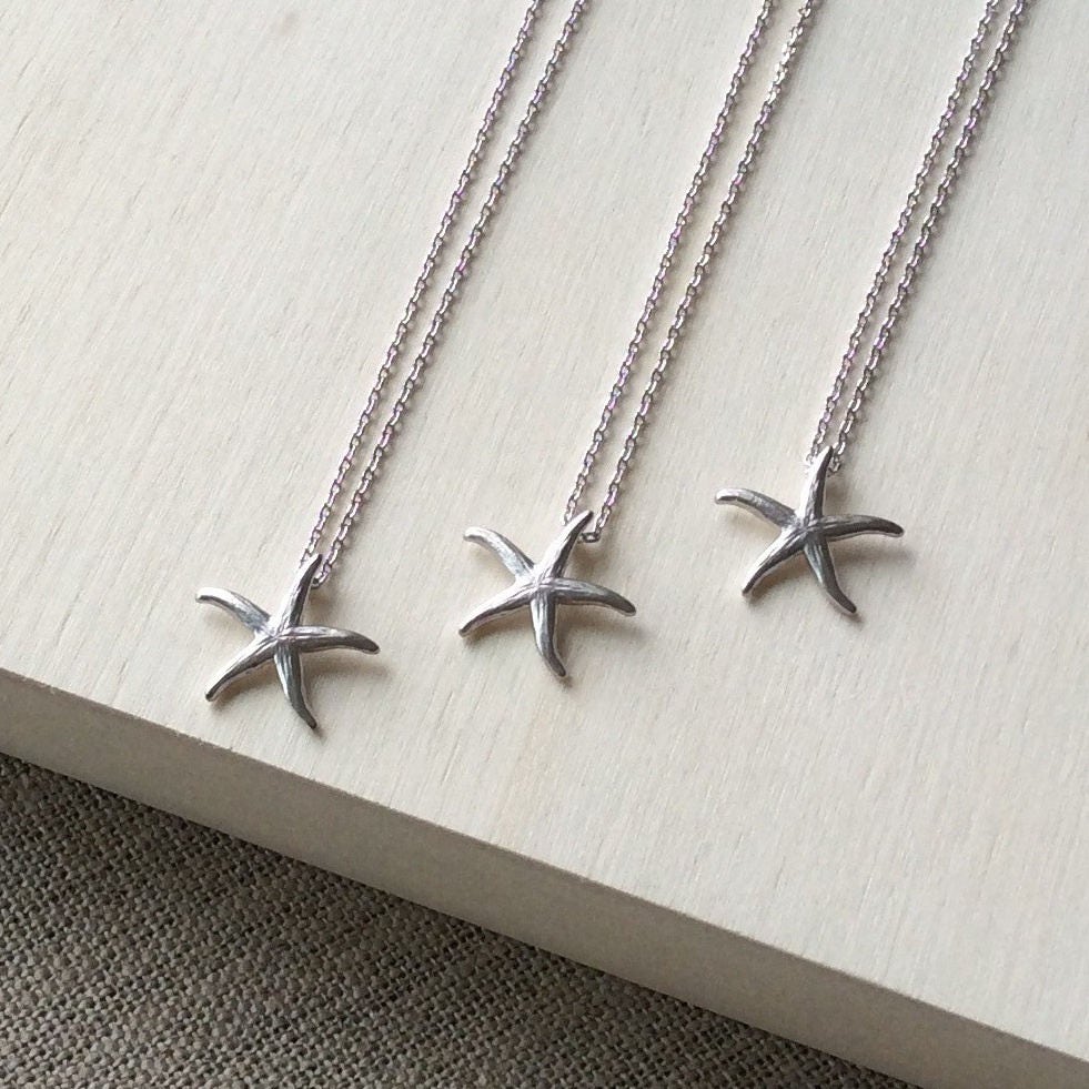 Set of 3 Silver Bridesmaid necklaces, beach wedding necklace, silver starfish necklaces, wedding jewelry, silver bridesmaid jewelry set