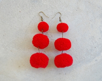Handmade All Red Pom Pom Earrings