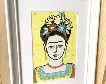 Wall art, Frida Kahlo Mexican painter, original art portrait linocut, ready to frame for unique home office decor