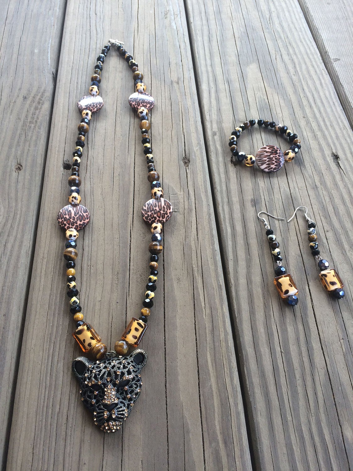 Beaded Cheetah Jewelry Set Necklace Bracelet and Earrings