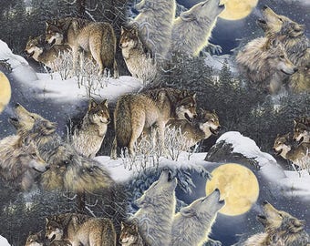 Full Moon and Wolves cotton Fabric bye the yard /David Textiles/Free shipping available/wolf fabric/quilting