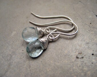 Aquamarine gemstone earrings, wire wrapped aquamarine earrings, sterling silver gemstone earrings, petite earrings, dainty earrings, SoYou