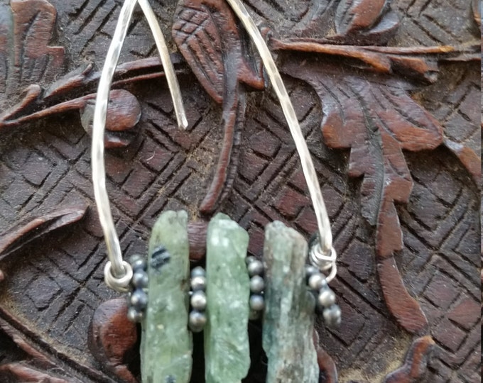 Earrings Featuring Raw Green Kyanite Crystals and Sterling Silver Hoops