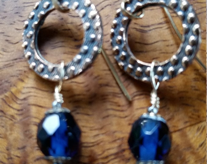 Vintage Cobalt Blue Beads and Bead Caps with 14K GF earwires and a Bronze Plated Circle