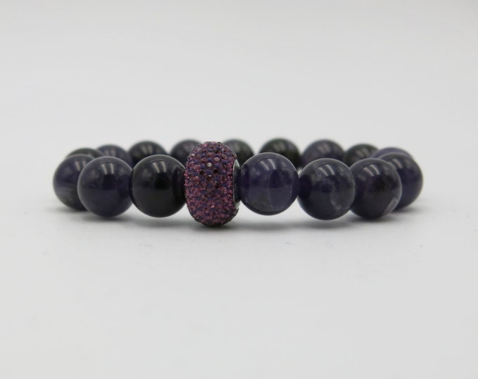Amethyst Purple Swarovski Crystal Pave Bead Bracelet 10mm Amethyst beads. February birthstone, amethyst bracelet, amethyst gift for her.