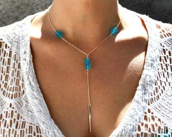 Sea glass Necklace, Layered Necklace, Y Necklace, Summer Jewelry, Aqua Sea glass Jewelry, Beach Necklace, Boho Necklace, Bar Drop Necklace