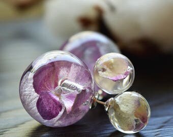 Real hydrangea Resin Double sided earrings - Real double hydrangea stud earrings - Real hydrangea resin front back earrings-double earring