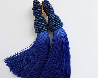 Blue long Silk beaded oscar de la renta style tassel earrings clips on earrings datka jewelry