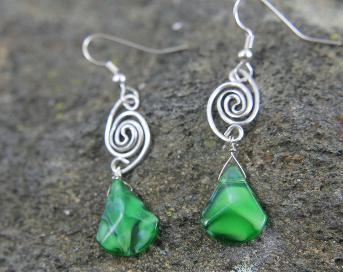 Geometric Dangle Earrings, Sterling Silver Spiral Swirl with Green Triangle Bead, Wire Wrap Jewelry, Unique Boho Hippie Gift for Her