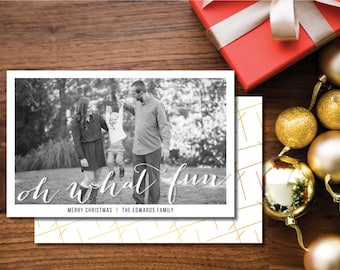 Oh What Fun Printable Christmas Card. Two-sided. Gold and White. Holiday Card.