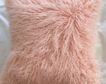 Salmon Pink faux Fur Pillow - Throw Pillow Cover - Neutral pillow - Toss Pillow - gift for her - home decor - mongolian faux fur - cushion