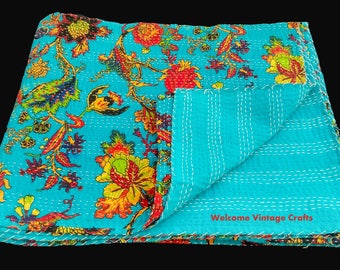 Blanket,Kantha Quilt ,King Size Quilt Queen Size Quilt Floral Print, Handmade Bohemian Bedspread Cotton Floral throw Bedcover Bedsheet,sheet