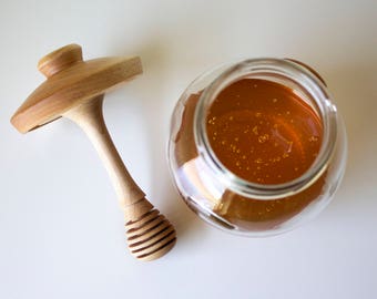 Honey Pot, Honey Jar, Honey Dipper, Honey Jar Favors, Lidded Jar -- Glass Jar with One Piece Honey Dipper and Lid, Handmade in Maple Wood
