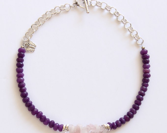 Purple Agate Choker with Sterling Silver Chain and Rose Quartz, Gift for her, Everyday Jewelry