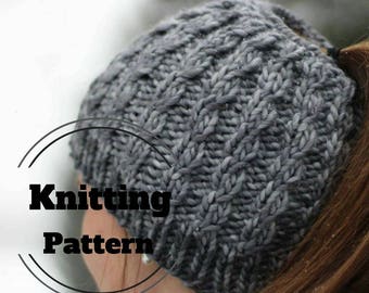 KNITTING PATTERN // Messy bun beanie Pattern // Ponytail hat Pattern // Knit bun beanie Pattern // The Faux Cable Messy bun hat