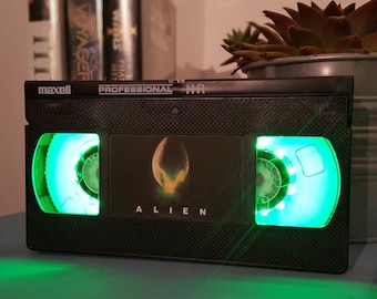 Retro VHS Alien Scifi Night Light Table Lamp, Horror Movie . Order any movie! Great personal gift. Man Cave. Office.
