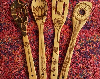 Wooden spoons woodburned flower designs, your choice lotus, rose perfect gift mothers day